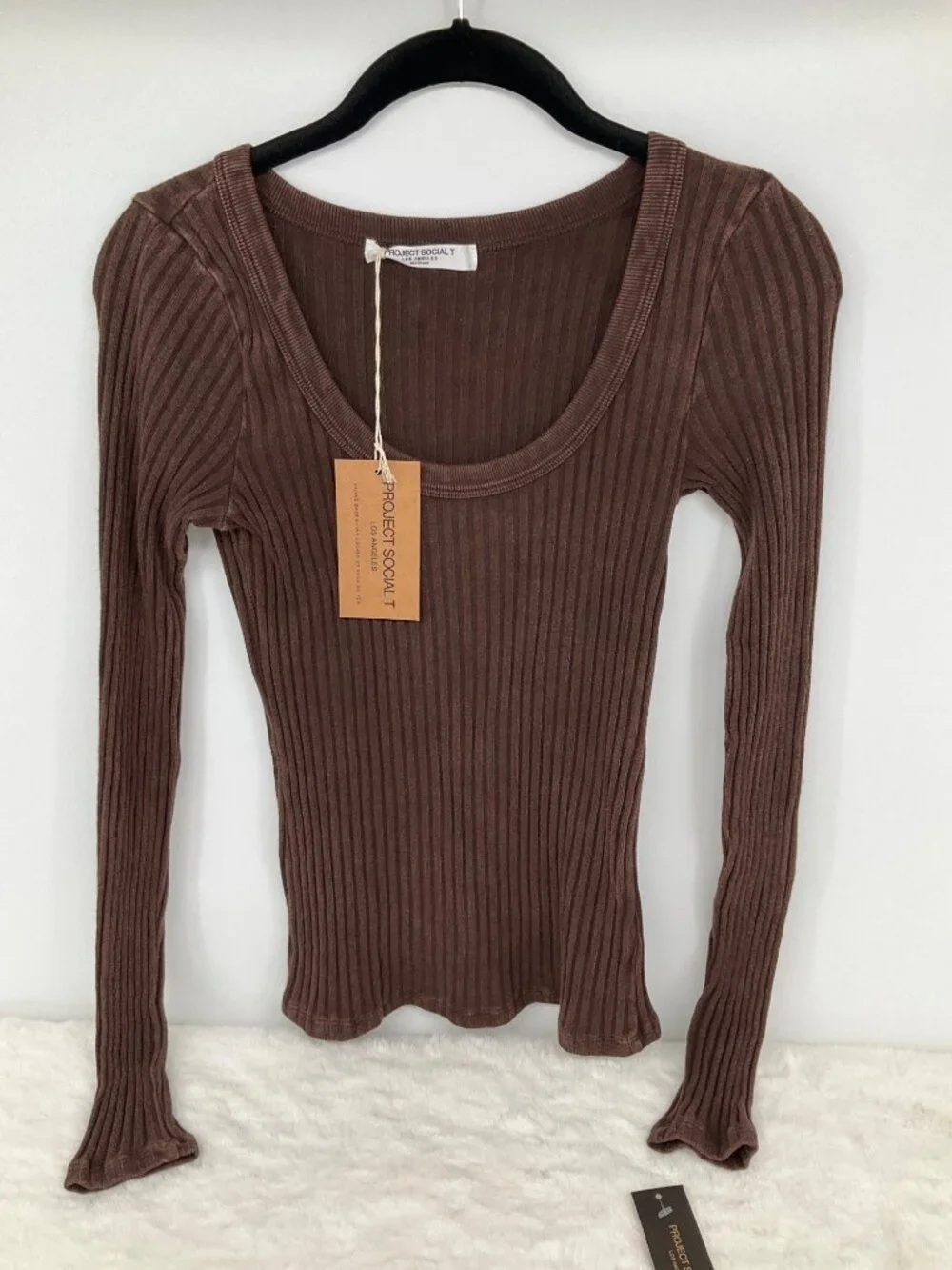 Project Social T size Medium NEW What's The Scoop Washed Rib Long Sleeve Brown - Picture 2 of 7